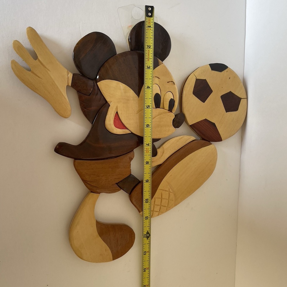 Vtg Mickey Mouse Intarsia Wood Carving Disney‎ Wall Art Kicking Soccer Ball - Picture 10 of 10
